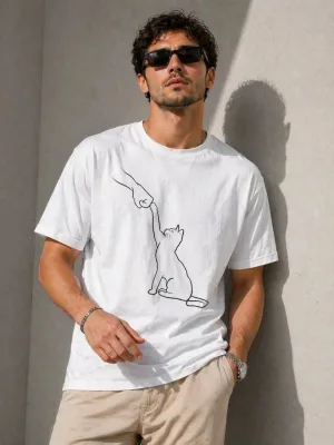 Men's White Oversize Cat Printed Short Sleeve T-Shirt
