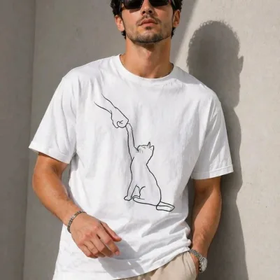 Men's White Oversize Cat Printed Short Sleeve T-Shirt 1