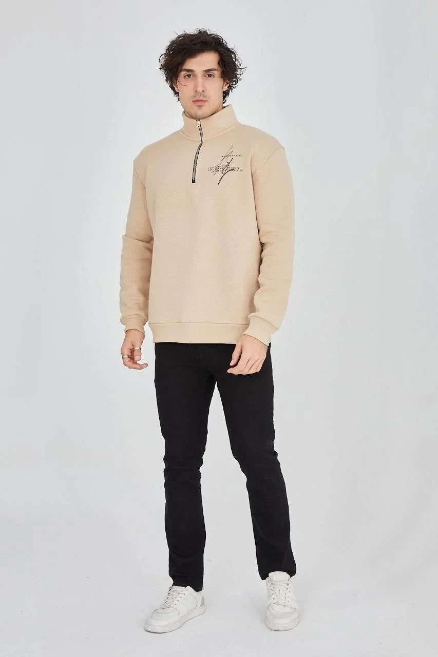 Men's Beige Half-Zip 3-Thread Cotton Printed Sweatshirt