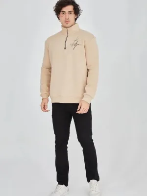 Men's Beige Half-Zip 3-Thread Cotton Printed Sweatshirt