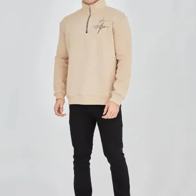 Men's Beige Half-Zip 3-Thread Cotton Printed Sweatshirt 1