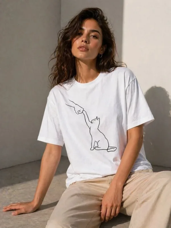 Ženska Bijela Minimal Mačka Crtanje Print Kratki Rukav Majica