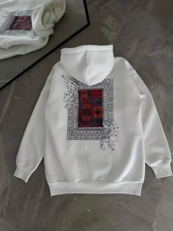 Mêr Spî 3 Têl Pembeyî Çapkirî Kapûşonî Kangurû Cêbî Sweatshirt 7