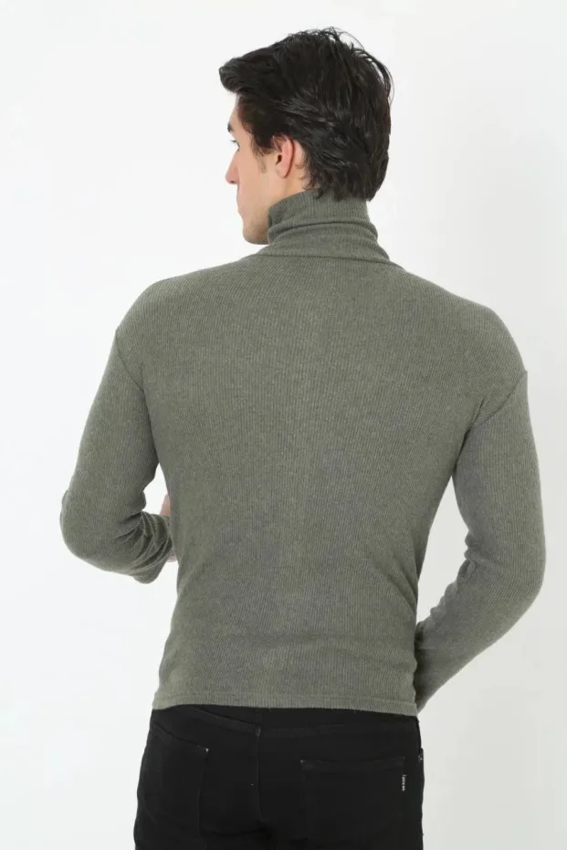 Erkek Haki Slim Likralı Boğazlı Uzun Kollu Body 4