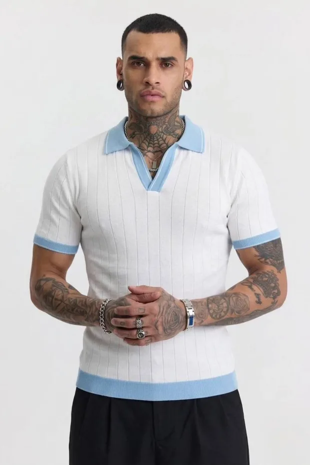 Biały męski toskańska dzianina basic krótki rękaw polo golfowy T-shirt 2