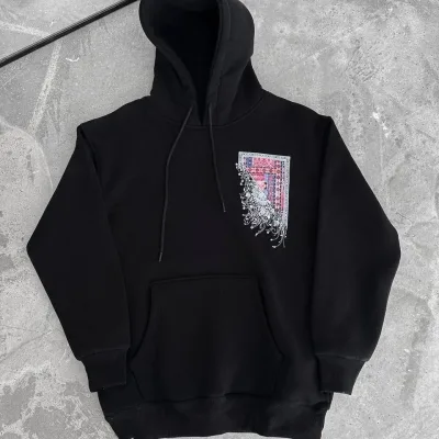 Jinê Reş 3 Têl Pembû Hoodî Bikapûşon Çapkirî Bi Cêbê Kangurû Sweatshirt 2