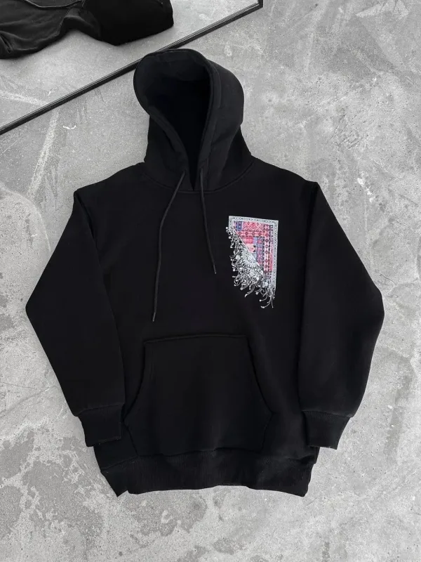 Jinê Reş 3 Têl Pembû Hoodî Bikapûşon Çapkirî Bi Cêbê Kangurû Sweatshirt 2