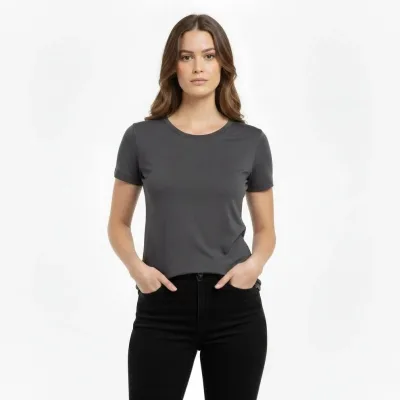 Femeie Tricou Basic Fum Slim Fit cu Guler Bicicletă, Elastan 2