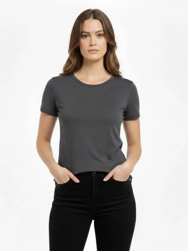 Femeie Tricou Basic Fum Slim Fit cu Guler Bicicletă, Elastan 2