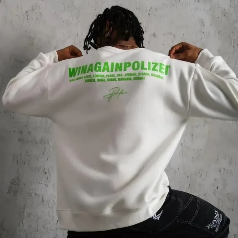 Sweatshirtê Mêran ê Spî yê Oversize, 3 Têl Pembû, Pêş û Paş Çapkirî