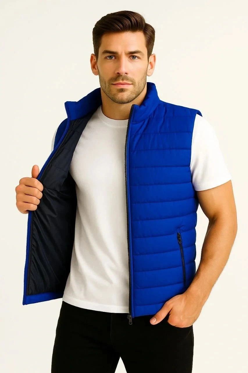 Vest for Men, Sax Blue, Water-Repellent, Zippered, Quilted, with Pockets