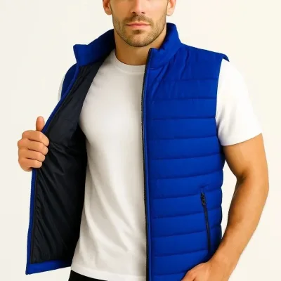 Vest for Men, Sax Blue, Water-Repellent, Zippered, Quilted, with Pockets 1