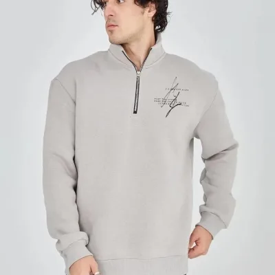 Férfi Szürke Félcipzáras Nyomott 3 Szálas Pamut Sweatshirt 7