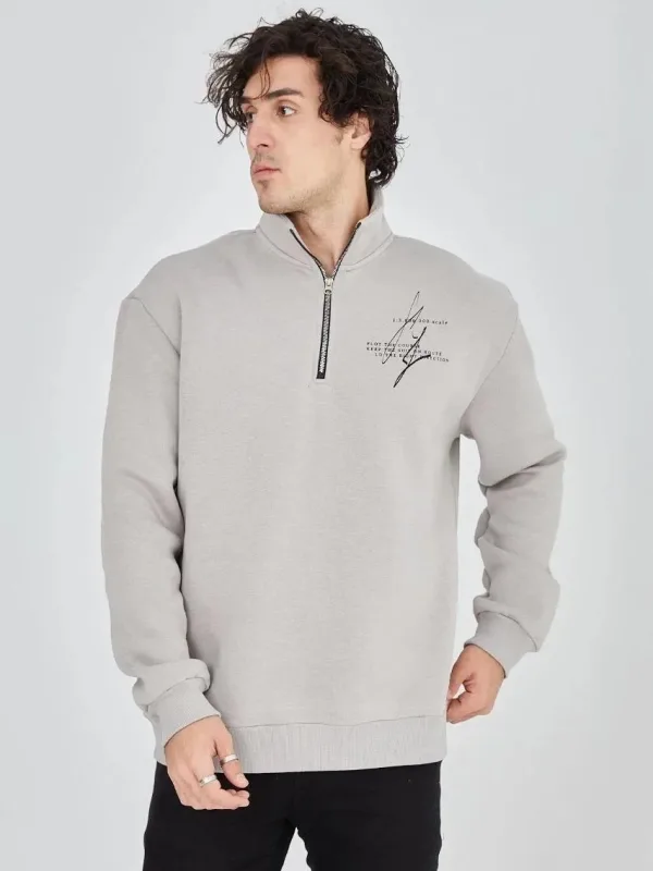 Férfi Szürke Félcipzáras Nyomott 3 Szálas Pamut Sweatshirt 7