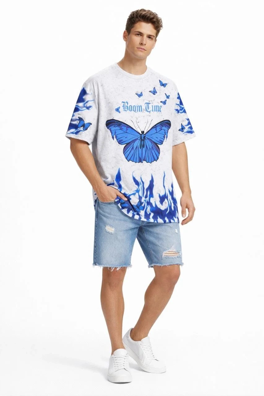 Pánské bílé oversized tričko s acid wash a kruhovým výstřihem 1