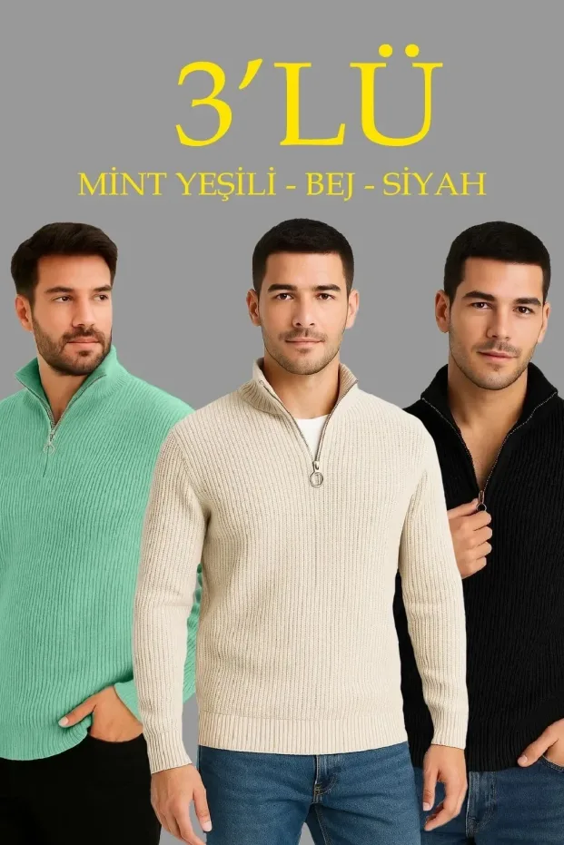 Erkek Siyah Fitilli Kalın Pamuklu Triko Kazak 3'lü Set 1