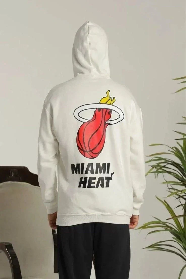 Mêr Spî Oversize 3 Têl Pembû Hoodie Çapkirî Bi Cêb