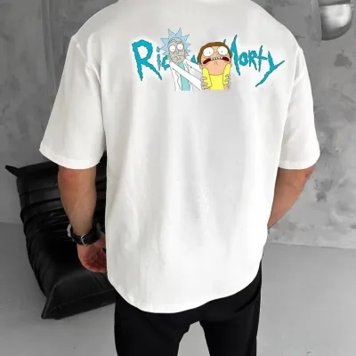 Bărbat Alb Guler Bicicletă Rick and Morty Imprimat Tricou 2