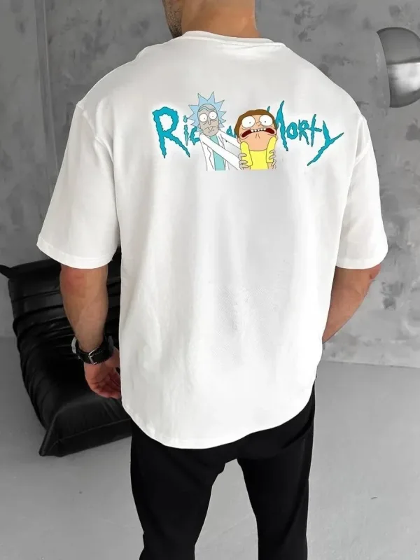Bărbat Alb Guler Bicicletă Rick and Morty Imprimat Tricou 2