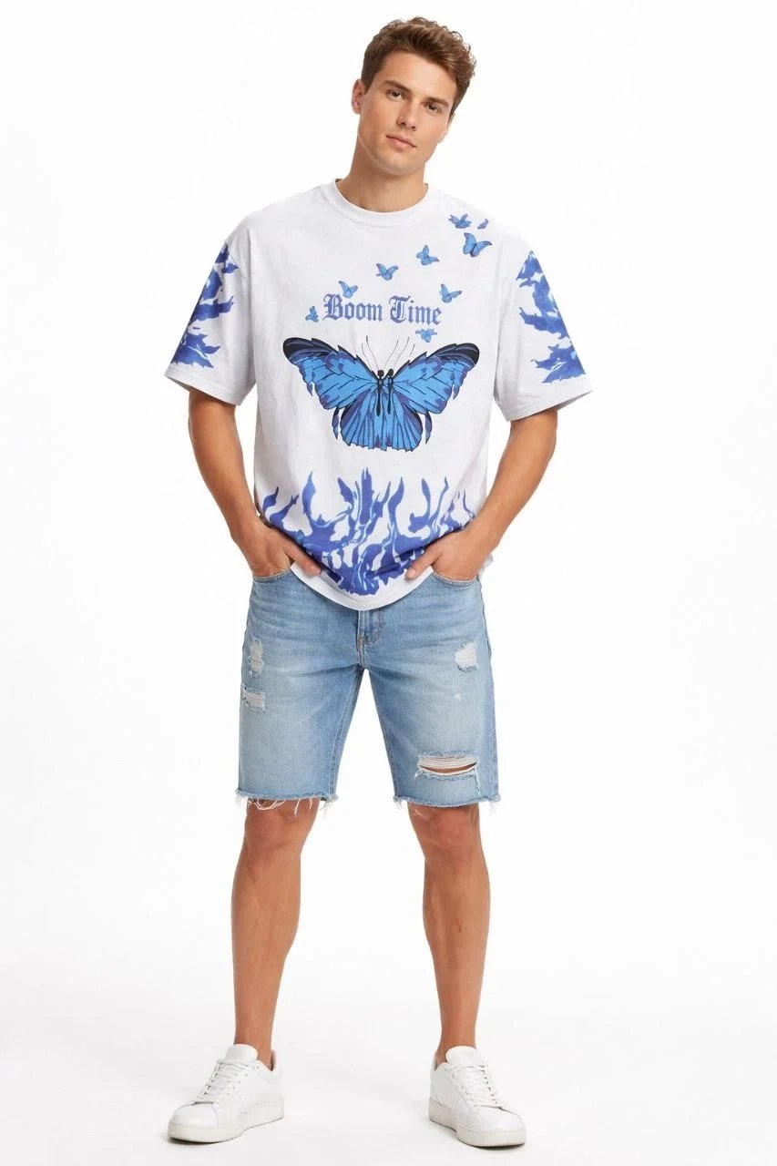 Pánské bílé oversized tričko s acid wash a kruhovým výstřihem 4