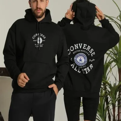 Muška crna oversize 3-niti kapuljača leđa print duks 3