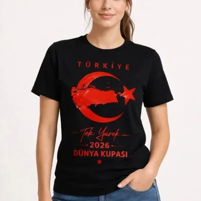 Qadın Qara Türkiyə Ay Ulduz 2026 Dünya Kuboku Azarkeş Çap Köynək 2