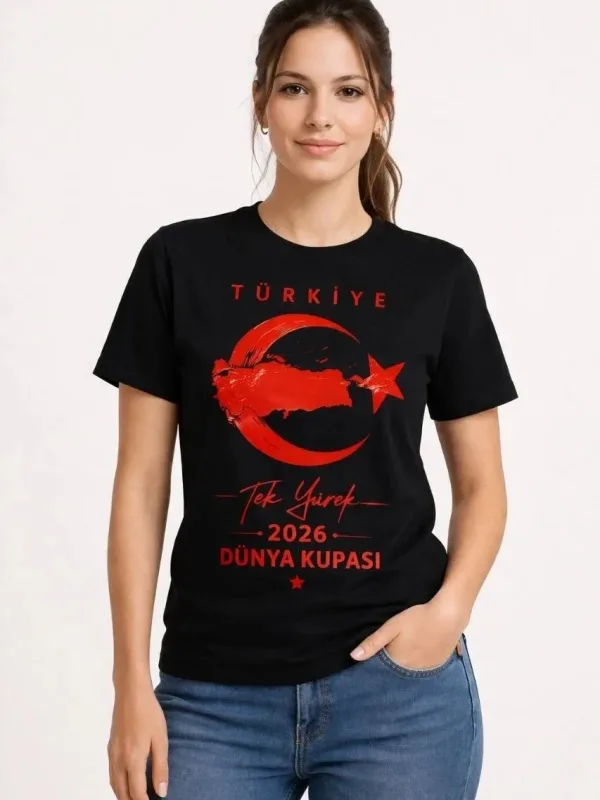 Qadın Qara Türkiyə Ay Ulduz 2026 Dünya Kuboku Azarkeş Çap Köynək 2