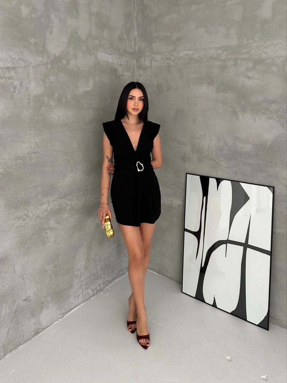Women's Black Draped Cross Neck Mini Dress with Stylish Buckle Evening Wear 2