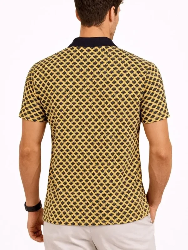 Man Yellow Pique Fabric Polo Collar Patterned Short Sleeve T-Shirt 3