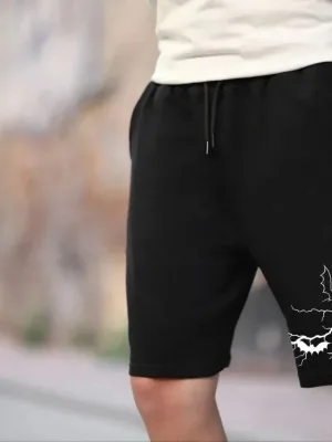 Men's Black Two-Thread Printed Elastic Waist Shorts