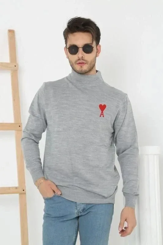 Férfi Szürke Félnyakú Nyomott Kötött Pulóver 1