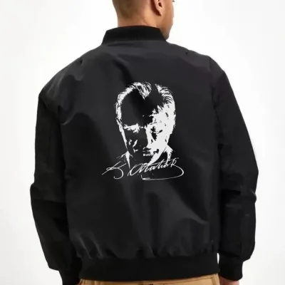 Men's Black Bomber Jacket Atatürk Silhouette Printed Zippered Pocket 2