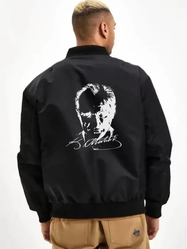 Men's Black Bomber Jacket Atatürk Silhouette Printed Zippered Pocket 2