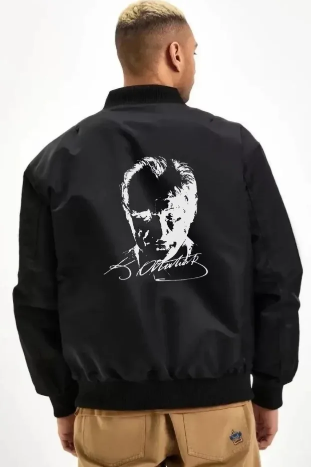 Men's Black Bomber Jacket Atatürk Silhouette Printed Zippered Pocket 2