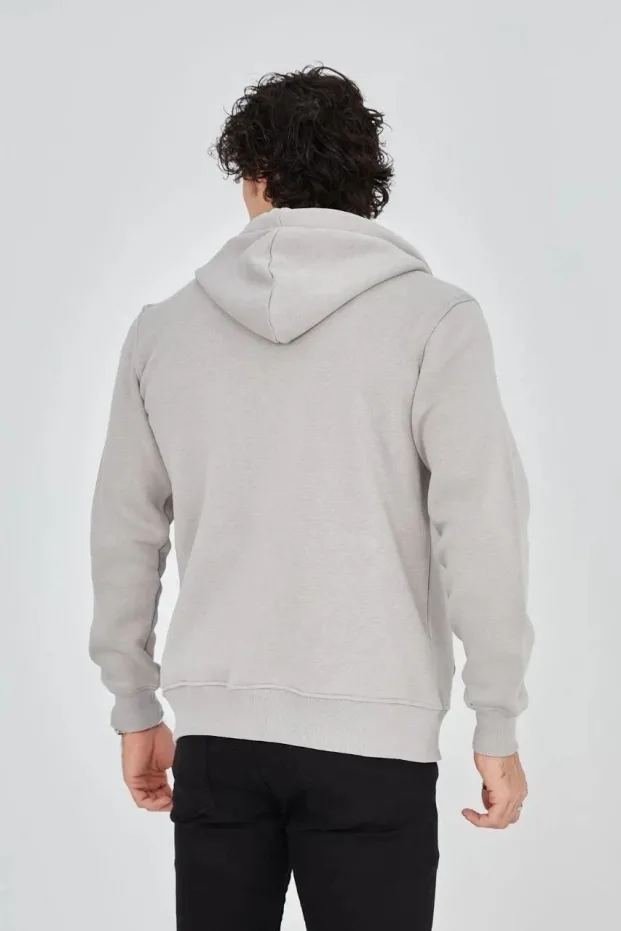 Erkek Boyalı Gri 3 İplik Pamuklu Fermuarlı Kapüşonlu Baskılı Hoodie 2