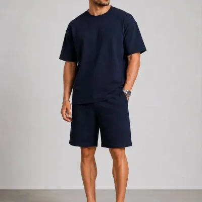 Ανδρικό Σκούρο Μπλε Oversize Μοντάλ Μαλακό Υφαντό Σετ με Τσέπες 1