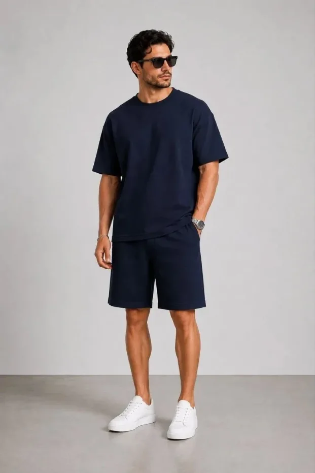 Ανδρικό Σκούρο Μπλε Oversize Μοντάλ Μαλακό Υφαντό Σετ με Τσέπες 1