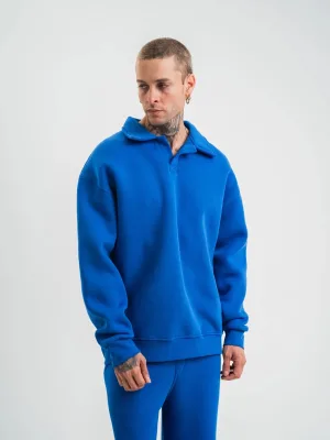 Kişi Göy Oversize 3 İplik Pambıqlı Açıq Yaxalı Sviter