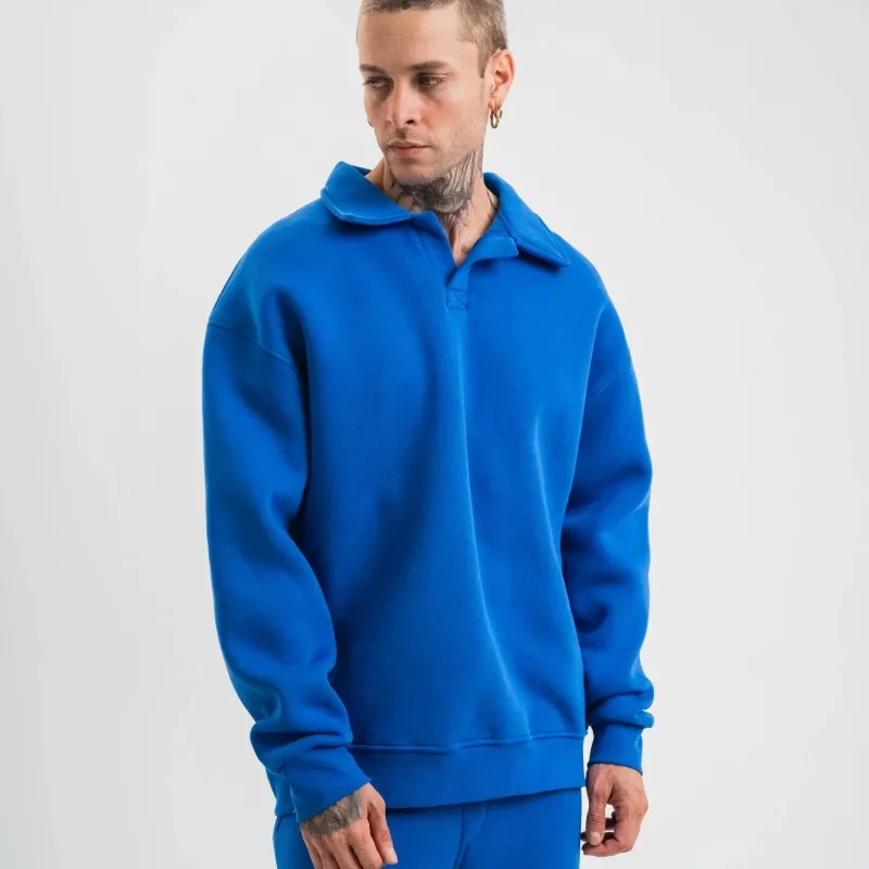 Sweatshirtê Mêran ê Şîn, Oversize, 3 Têl Pembû, Bi Stûyê Vekirî
