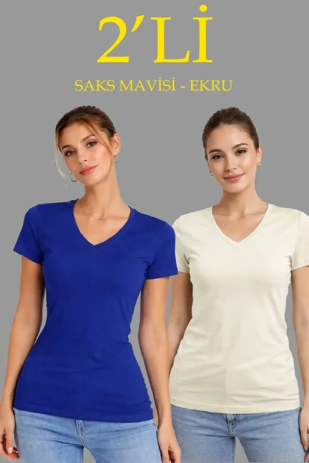 Damski zestaw 2 sztuk T-shirtów slim fit z dekoltem w serek, krótki rękaw 1