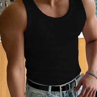 Black Halter Neck Ribbed Stretch Athletic Tank Top 1