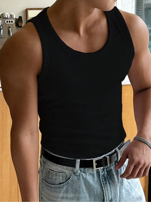 Black Halter Neck Ribbed Stretch Athletic Tank Top 1