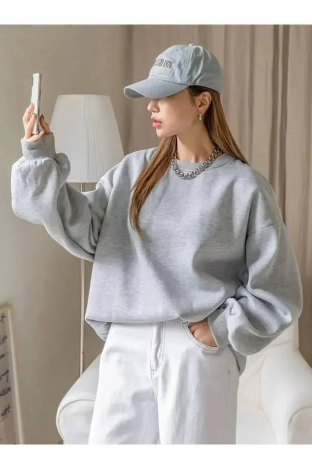 Gratë Gri Oversize Gjysmë Zip Pambuku Sweatshirt 2