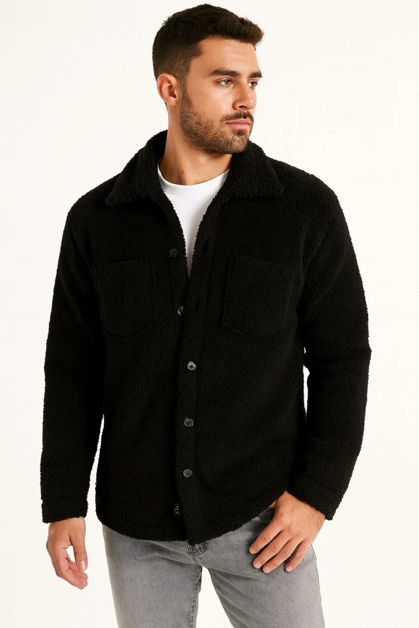 Erkek Siyah Gömlek Yakalı Pelüş Polar İlik Düğmeli Hırka