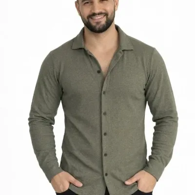Męska Khaki Regular Fit Waffle Tkanina Guzikowa Otwarty Kołnierzyk Koszula 3