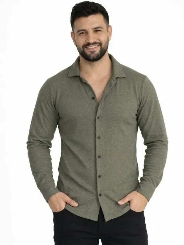 Męska Khaki Regular Fit Waffle Tkanina Guzikowa Otwarty Kołnierzyk Koszula 3