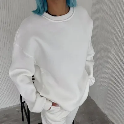 Jina Spî Bisîklet Yaka 3 Têl Pembû Basic Sweatshirt 2