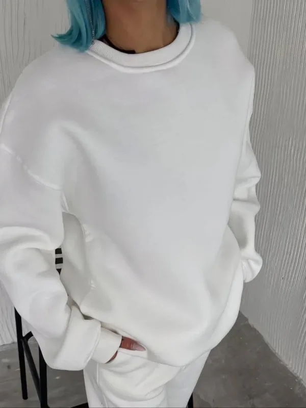 Jina Spî Bisîklet Yaka 3 Têl Pembû Basic Sweatshirt 2