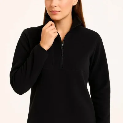 Ženski crni stojeća kragna polu-rajfešlus polar džemper sa grudnim džepom 3
