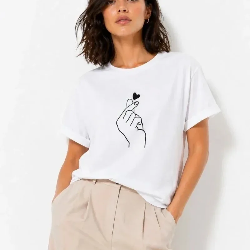 Ženska Bijela Minimal Prst Srce Print Majica